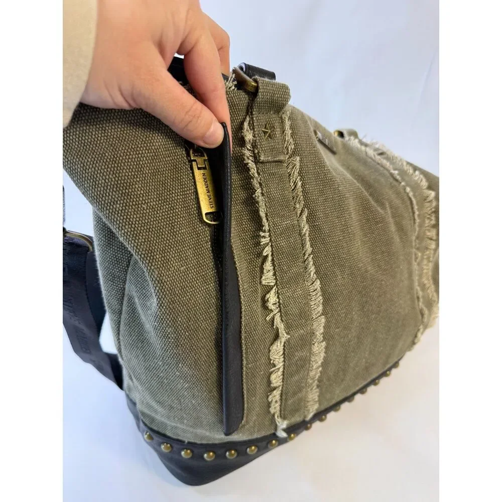 Steve Madden Bgraddy Olive Green Canvas Slouchy Utility Hobo Bag